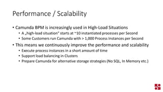 Performance / Scalability 
•Camunda BPM is increasingly used in High-Load Situations 
•A „high-load situation“ starts at ~10 instantiated processes per Second 
•Some Customers run Camunda with > 1,000 Process Instances per Second 
•This means we continuously improve the performance and scalability 
•Execute process instances in a short amount of time 
•Support load balancing in Clusters 
•Prepare Camunda for alternative storage strategies (No SQL, In Memory etc.)  