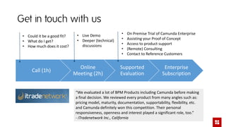 Get in touch with us
Call (1h)
Online
Meeting (2h)
Supported
Evaluation
Enterprise
Subscription
• Could it be a good fit?
• What do I get?
• How much does it cost?
• On Premise Trial of Camunda Enterprise
• Assisting your Proof of Concept
• Access to product support
• (Remote) Consulting
• Contact to Reference Customers
“We evaluated a lot of BPM Products including Camunda before making
a final decision. We reviewed every product from many angles such as:
pricing model, maturity, documentation, supportability, flexibility, etc.
and Camunda definitely won this competition. Their personal
responsiveness, openness and interest played a significant role, too.”
- iTradenetwork Inc., California
• Live Demo
• Deeper (technical)
discussions
 