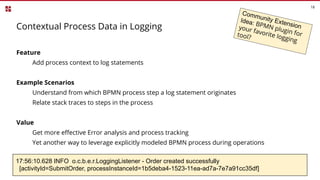 18
Contextual Process Data in Logging
Feature
Add process context to log statements
Example Scenarios
Understand from which BPMN process step a log statement originates
Relate stack traces to steps in the process
Value
Get more eﬀective Error analysis and process tracking
Yet another way to leverage explicitly modeled BPMN process during operations
Community Extension
Idea: BPMN plugin for
your favorite logging
tool?
17:56:10.628 INFO o.c.b.e.r.LoggingListener - Order created successfully
[activityId=SubmitOrder, processInstanceId=1b5deba4-1523-11ea-ad7a-7e7a91cc35df]
 