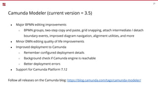 Camunda Modeler (current version = 3.5)
21
● Major BPMN editing improvements
○ BPMN groups, two-step copy and paste, grid snapping, attach intermediate / detach
boundary events, improved diagram navigation, alignment utilities, and more
● Minor DMN editing quality of life improvements
● Improved deployment to Camunda
○ Remember conﬁgured deployment details
○ Background check if Camunda engine is reachable
○ Better deployment errors
● Support for Camunda Platform 7.12
Follow all releases on the Camunda blog: https://blog.camunda.com/tags/camunda-modeler/
 