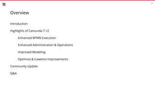 Overview
Introduction
Highlights of Camunda 7.12
Enhanced BPMN Execution
Enhanced Administration & Operations
Improved Modeling
Optimize & Cawemo Improvements
Community Update
Q&A
4
 
