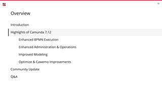 Overview
Introduction
Highlights of Camunda 7.12
Enhanced BPMN Execution
Enhanced Administration & Operations
Improved Mod...