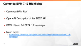 11
● Camunda BPM Run
● OpenAPI Description of the REST API
● DMN 1.3 and full FEEL 1.2 coverage
● Much more:
○ https://blog.camunda.com/post/2020/06/camunda-bpm-runtime-713-
released/
Camunda BPM 7.13 Highlights
 