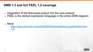 14
● Integration of the feel-scala project into the core product
● FEEL is the default expression language in the entire DMN diagram
● More:
○ https://blog.camunda.com/post/2020/03/camunda-bpm-supports-dmn-feel-
1.2/
DMN 1.3 and full FEEL 1.2 coverage
 