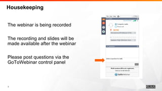 3
Housekeeping
The webinar is being recorded
The recording and slides will be
made available after the webinar
Please post questions via the
GoToWebinar control panel
 