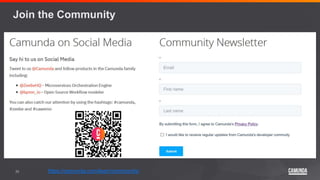 33
Join the Community
https://camunda.com/learn/community/
 