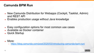 12
● New Camunda Distribution for Webapps (Cockpit, Tasklist, Admin)
and REST API
● Enables production usage without Java ...