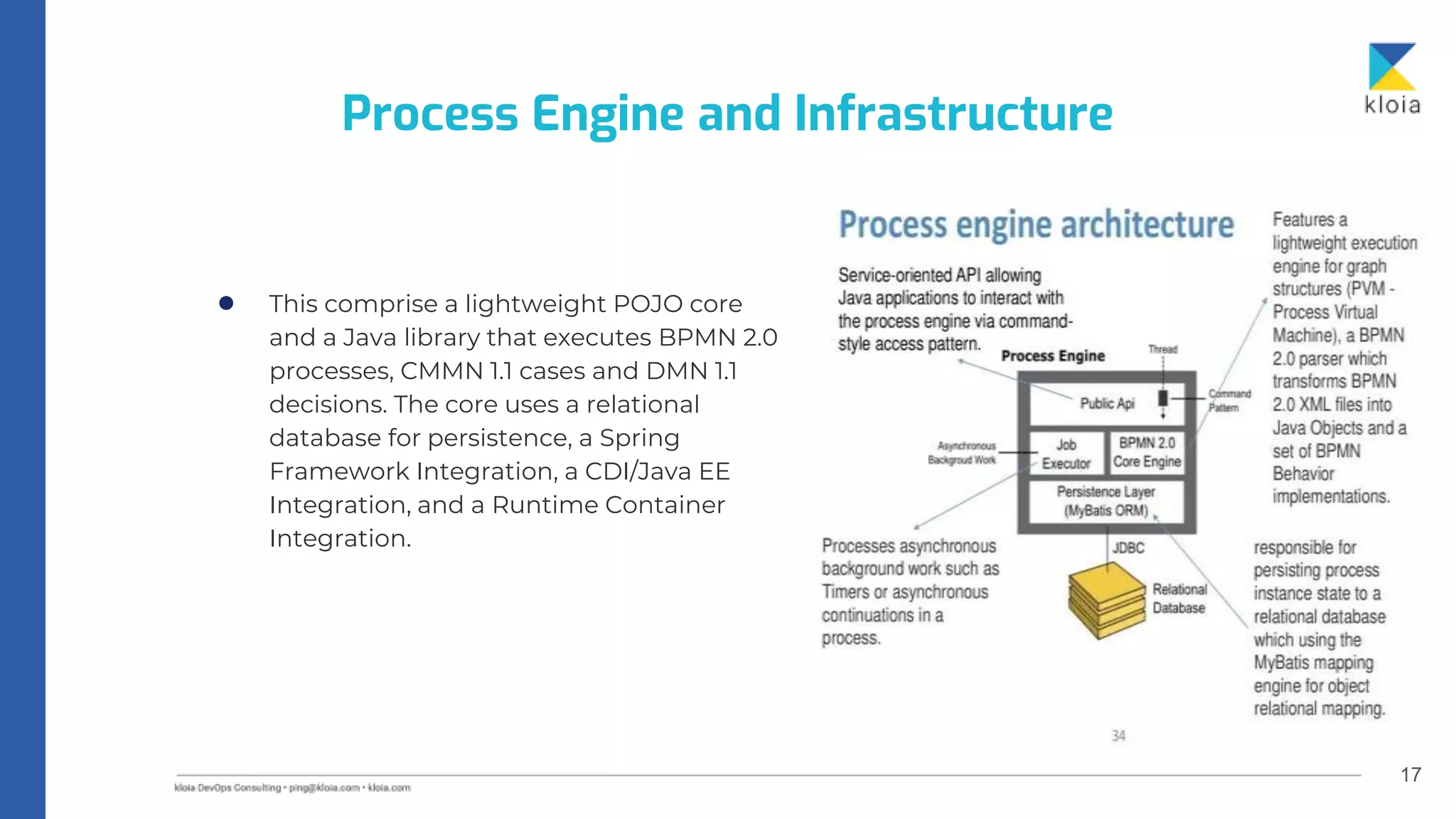 17
● This comprise a lightweight POJO core
and a Java library that executes BPMN 2.0
processes, CMMN 1.1 cases and DMN 1.1
decisions. The core uses a relational
database for persistence, a Spring
Framework Integration, a CDI/Java EE
Integration, and a Runtime Container
Integration.
Process Engine and Infrastructure
 