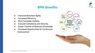 9
● Improved Business Agility
● Increased Efficiency
● More Complete Visibility
● Ensured Compliance and Security.
● Easier Transfer of Business Knowledge
● Increased Opportunities for Continuous
Improvement
BPM Benefits
 