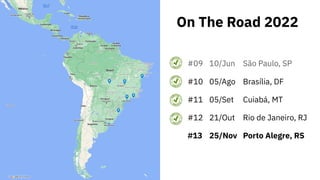 On The Road 2022
10/Jun
05/Ago
05/Set
21/Out
25/Nov
São Paulo, SP
Brasília, DF
Cuiabá, MT
Rio de Janeiro, RJ
Porto Alegre,...