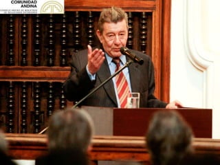 CONSEJO ANDINO DE MINISTROS DE RELACIONES EXTERIORES

Conformado por los cancilleres de los países miembros de la CAN.
Creado el 12 de noviembre de 1979, encargado de asegurar la consecución
de los objetivos del proceso de la integración subregional y de formular y
ejecutar la política exterior de la Comunidad Andina.
David Choquehuanca Céspedes, Ministro de RREE y Culto de Bolivia
María Ángela Holguín Cuéllar, Ministra de RREE de Colombia
Ricardo Armando Patiño Aroca, Ministro de RREE, Comercio e Integración
del Ecuador
Rafael Roncagliolo Orbegozo, Ministro de RREE del Perú.
 