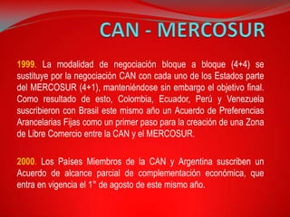 1999. La modalidad de negociación bloque a bloque (4+4) se
sustituye por la negociación CAN con cada uno de los Estados parte
del MERCOSUR (4+1), manteniéndose sin embargo el objetivo final.
Como resultado de esto, Colombia, Ecuador, Perú y Venezuela
suscribieron con Brasil este mismo año un Acuerdo de Preferencias
Arancelarias Fijas como un primer paso para la creación de una Zona
de Libre Comercio entre la CAN y el MERCOSUR.

2000. Los Países Miembros de la CAN y Argentina suscriben un
Acuerdo de alcance parcial de complementación económica, que
entra en vigencia el 1° de agosto de este mismo año.
 