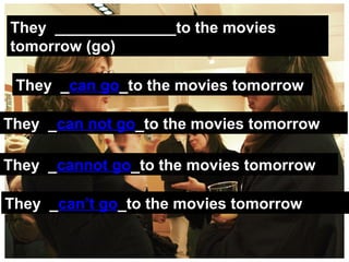 They ______________to the movies
tomorrow (go)

 They _can go_to the movies tomorrow

They _can not go_to the movies tomorrow

They _cannot go_to the movies tomorrow

They _can’t go_to the movies tomorrow
 