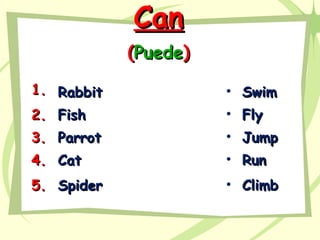 CanCan
((PuedePuede))
RabbitRabbit1.1.
FishFish2.2.
ParrotParrot3.3.
CatCat4.4.
SpiderSpider5.5.
• SwimSwim
• FlyFly
• JumpJump
• RunRun
• ClimbClimb
 