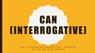 CAN
(INTERROGATIVE)
C A N + I / Y O U / H E / S H E / I T / W E / Y O U / T H E Y + I N F I N I T I V E ?
E X : C A N Y O U S P E A K S PA N I S H ?
 