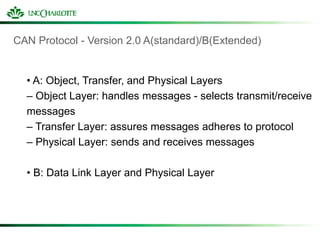 CAN Protocol - Version 2.0 A(standard)/B(Extended)
• A: Object, Transfer, and Physical Layers
– Object Layer: handles mess...