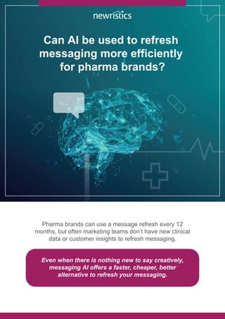 Pharma brands can use a message refresh every 12
months, but often marketing teams don’t have new clinical
data or customer insights to refresh messaging.
Even when there is nothing new to say creatively,
messaging AI offers a faster, cheaper, better
alternative to refresh your messaging.
Can AI be used to refresh
messaging more efficiently
for pharma brands?
 