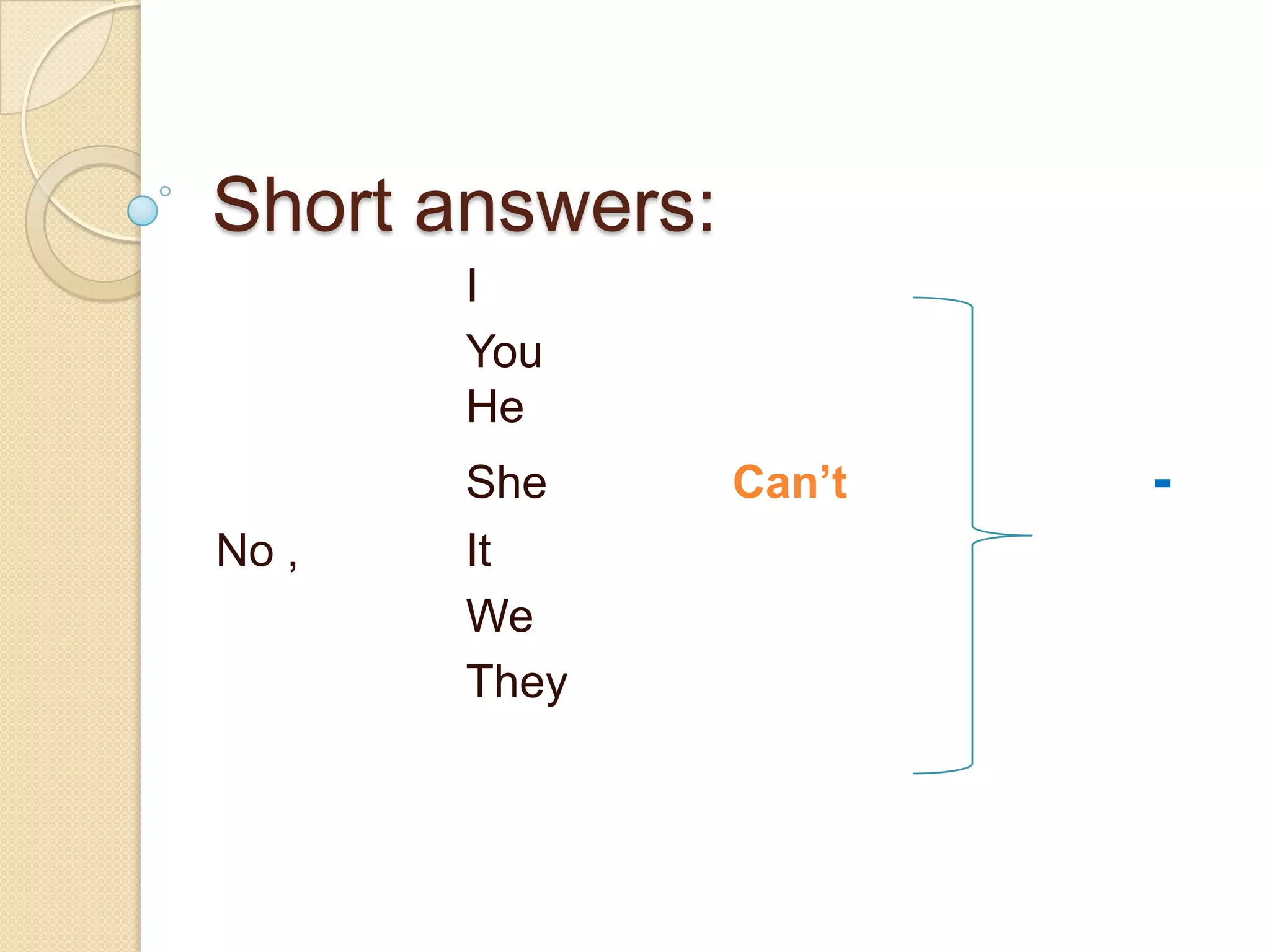 Affirmative Form :IYou							He She			 Can 			swim	 SwimIt WeThey