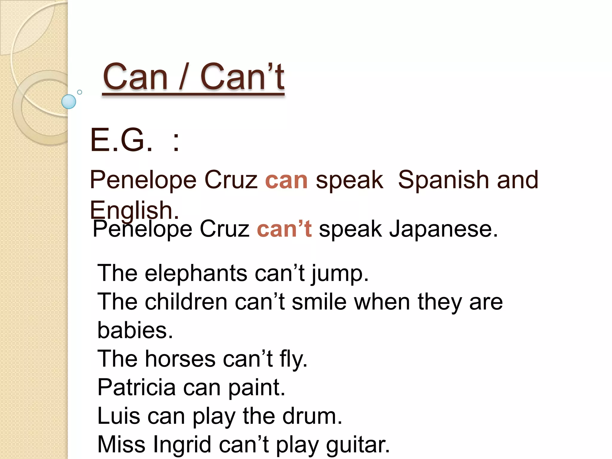 Negative  Form :IYou							He She			 Can’t 			 SwimIt WeThey