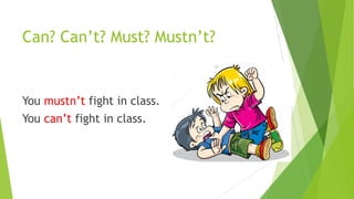 Can? Can’t? Must? Mustn’t?
You mustn’t fight in class.
You can’t fight in class.
 