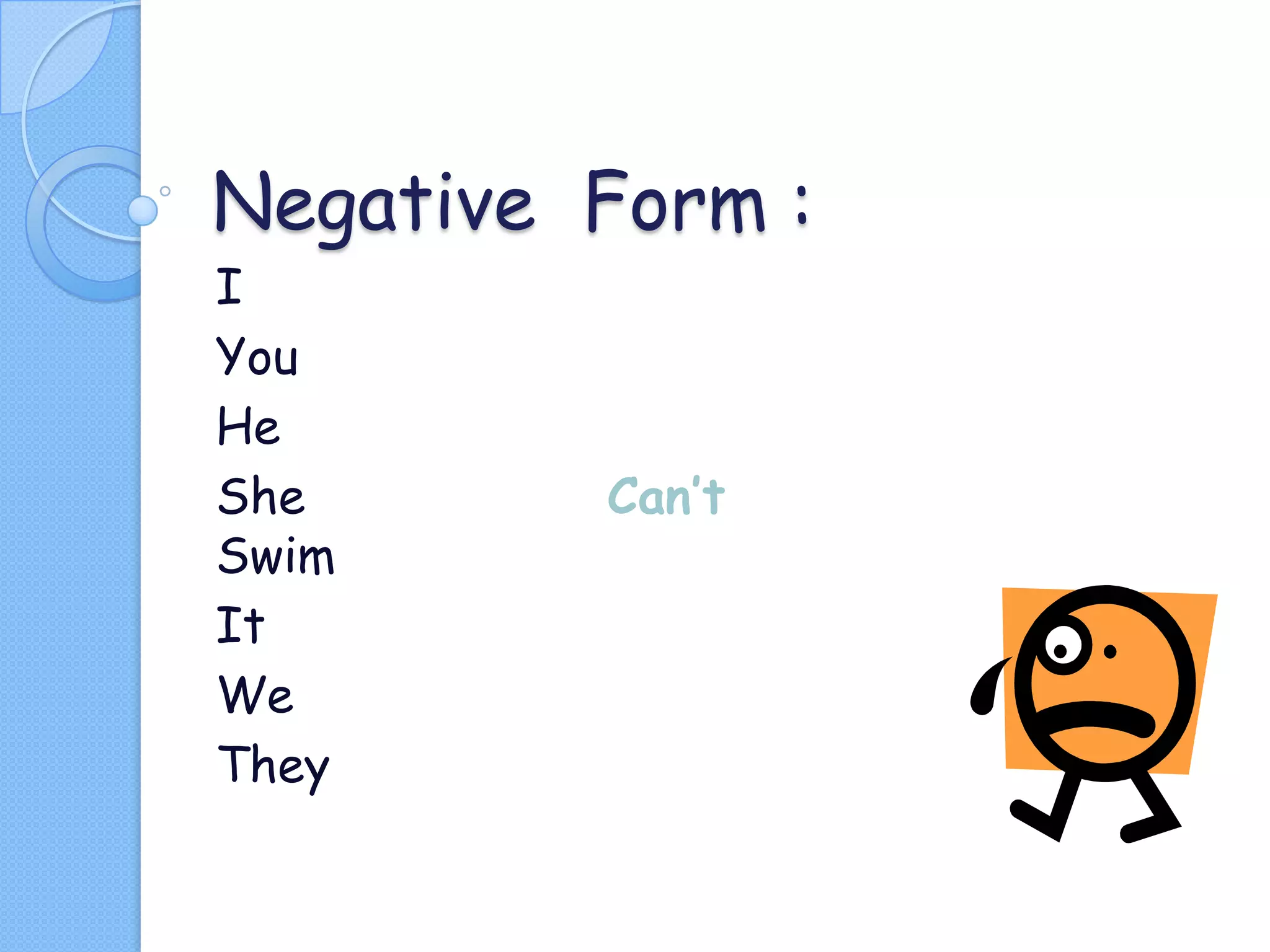 Negative Form :
I
You
He
She
Swim
It
We
They

Can’t

 