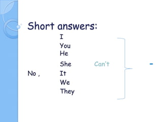 Short answers:
I
You
He

No ,

She
It
We
They

Can’t

-

 