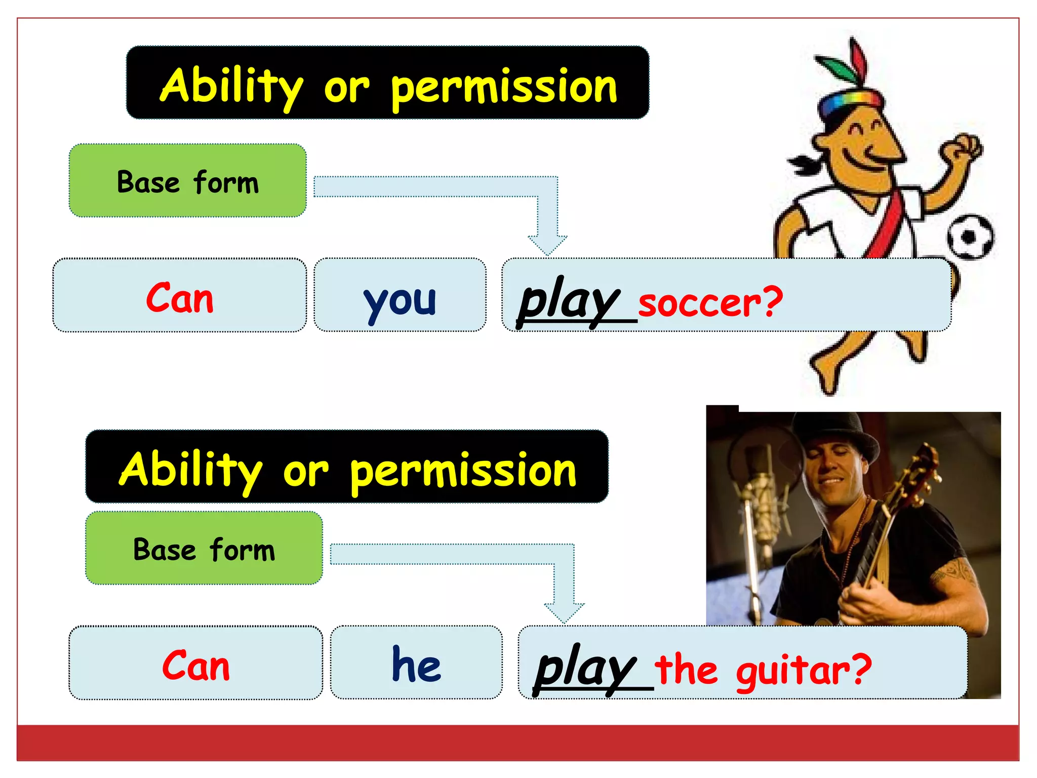 Ability or permission
 Base form



Can/could
   Can        you   play   soccer?



 Ability or permission
  Base form



Can/could
   Can         he   play   the guitar?
 