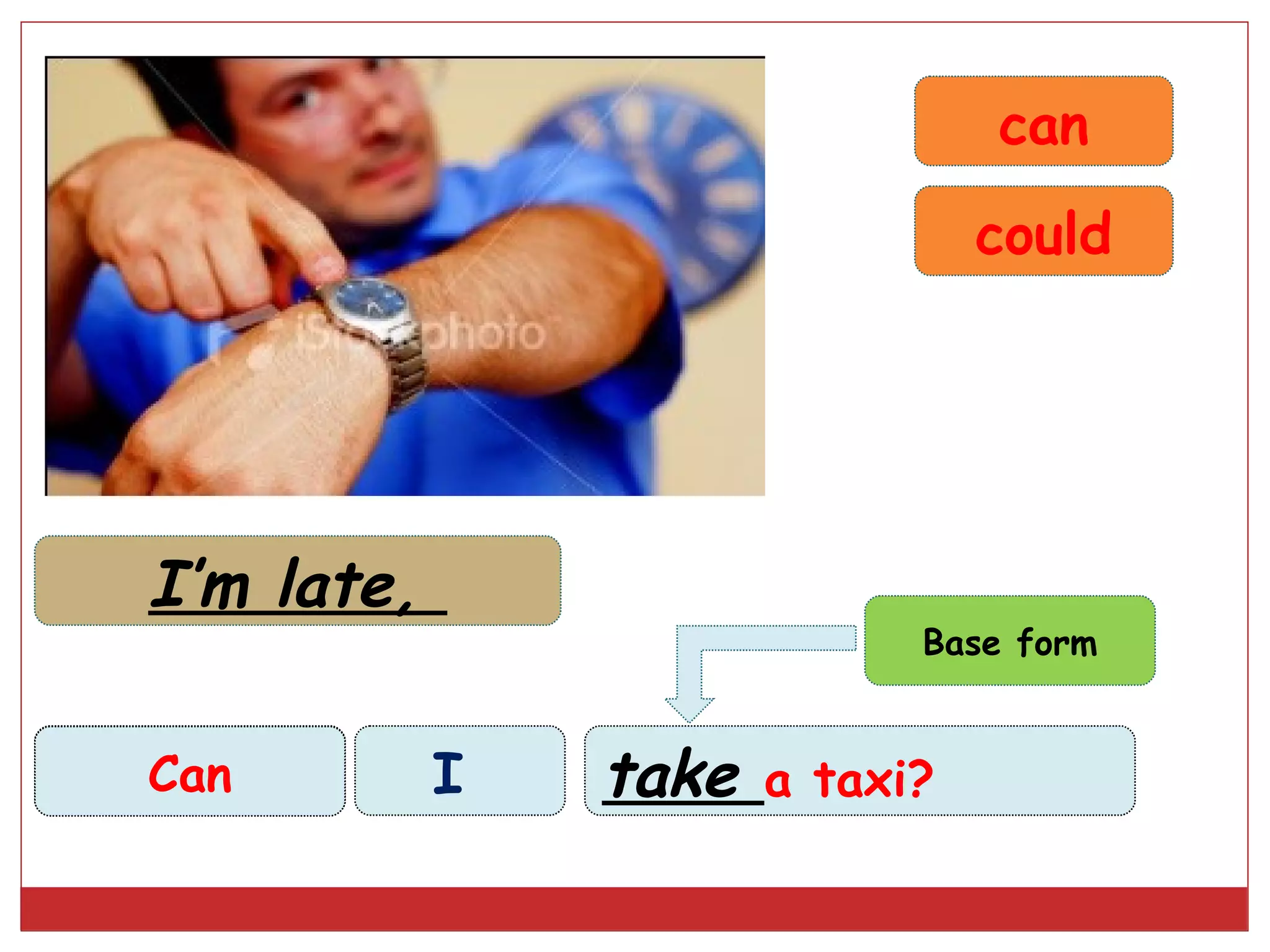 can
                                   could




  I’m late,
                               Base form


Can/could
   Can        I   take   a taxi?
 
