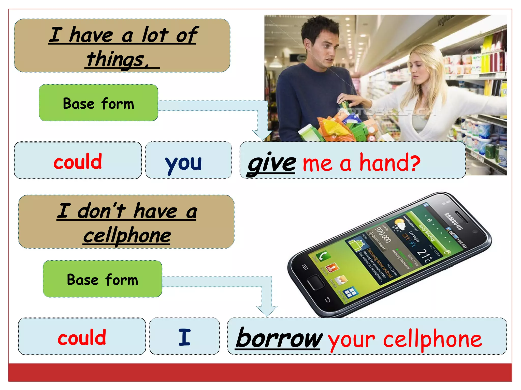 I have a lot of
    things,

   Base form



Can/could
  could        you    give me a hand?
  I don’t have a
     cellphone

   Base form



Can/could
  could         I    borrow your cellphone
 