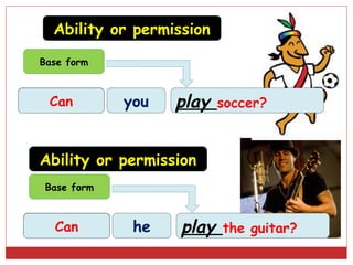 Ability or permission
 Base form



Can/could
   Can        you   play   soccer?



 Ability or permission
  Base form



Can/could
   Can         he   play   the guitar?
 