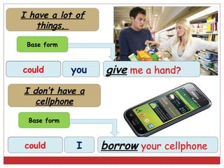 I have a lot of
    things,

   Base form



Can/could
  could        you    give me a hand?
  I don’t have a
     cellphone

   Base form



Can/could
  could         I    borrow your cellphone
 