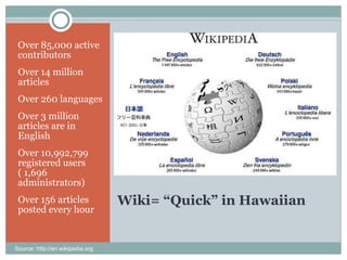 Wiki= “Quick” in Hawaiian Over 85,000 active contributors  Over 14 million articles  Over 260 languages Over 3 million articles are in English Over 10,992,799 registered users ( 1,696 administrators) Over 156 articles posted every hour Source: http://en.wikipedia.org 