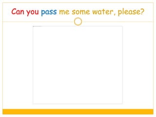 Can you pass me some water, please?
 