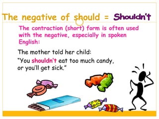 The negative of should =
The mother told her child:
“You shouldn’t eat too much candy,
or you’ll get sick.”
The contraction (short) form is often used
with the negative, especially in spoken
English:
 