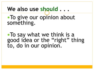 We also use should . . .
To give our opinion about
something.
To say what we think is a
good idea or the “right” thing
to, do in our opinion.
 