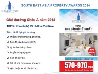 20 
SOUTH EAST ASIA PROPERTY AWARDS 2014 
TOP 3 - Khu căn hộ tốt nhất tại Việt Nam 
Tiêu chí để đạt giải thưởng: 
 Thiết ...