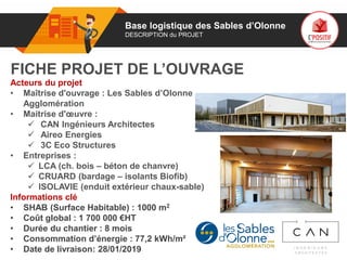 01
Acteurs du projet
• Maîtrise d'ouvrage : Les Sables d’Olonne
Agglomération
• Maitrise d'œuvre :
 CAN Ingénieurs Architectes
 Aireo Energies
 3C Eco Structures
• Entreprises :
 LCA (ch. bois – béton de chanvre)
 CRUARD (bardage – isolants Biofib)
 ISOLAVIE (enduit extérieur chaux-sable)
Informations clé
• SHAB (Surface Habitable) : 1000 m2
• Coût global : 1 700 000 €HT
• Durée du chantier : 8 mois
• Consommation d’énergie : 77,2 kWh/m²
• Date de livraison: 28/01/2019
FICHE PROJET DE L’OUVRAGE
Base logistique des Sables d’Olonne
DESCRIPTION du PROJET
 