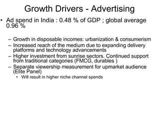 Growth Drivers - Advertising Ad spend in India : 0.48 % of GDP ; global average 0.96 % Growth in disposable incomes: urbanization & consumerism Increased reach of the medium due to expanding delivery platforms and technology advancements Higher investment from sunrise sectors. Continued support from traditional categories (FMCG, durables ) Separate viewership measurement for upmarket audience (Elite Panel)  Will result in higher niche channel spends 