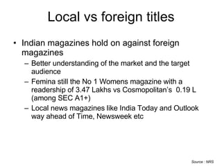 Local vs foreign titles Indian magazines hold on against foreign magazines Better understanding of the market and the target audience Femina still the No 1 Womens magazine with a  readership of 3.47 Lakhs vs Cosmopolitan’s  0.19 L (among SEC A1+) Local news magazines like India Today and Outlook way ahead of Time, Newsweek etc Source : NRS 