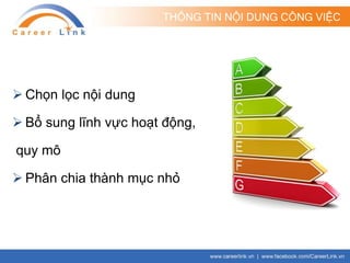 THÔNG TIN NỘI DUNG CÔNG VIỆC
 Chọn lọc nội dung
 Bổ sung lĩnh vực hoạt động,
quy mô
 Phân chia thành mục nhỏ
 