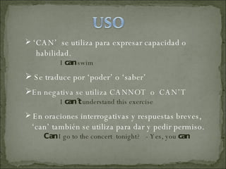 ‘ CAN’  se utiliza para expresar capacidad o  habilidad.  I  can  swim  Se traduce por ‘poder’ o ‘saber’   En negativa se utiliza CANNOT  o  CAN’T I  can´t  understand this exercise En oraciones interrogativas y respuestas breves,  ‘ can’ también se utiliza para dar y pedir permiso. Can  I go to the concert  tonight?  - Yes, you  can 