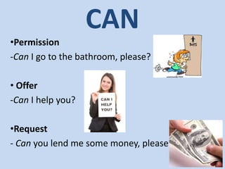 CAN
•Permission
-Can I go to the bathroom, please?
• Offer
-Can I help you?
•Request
- Can you lend me some money, please