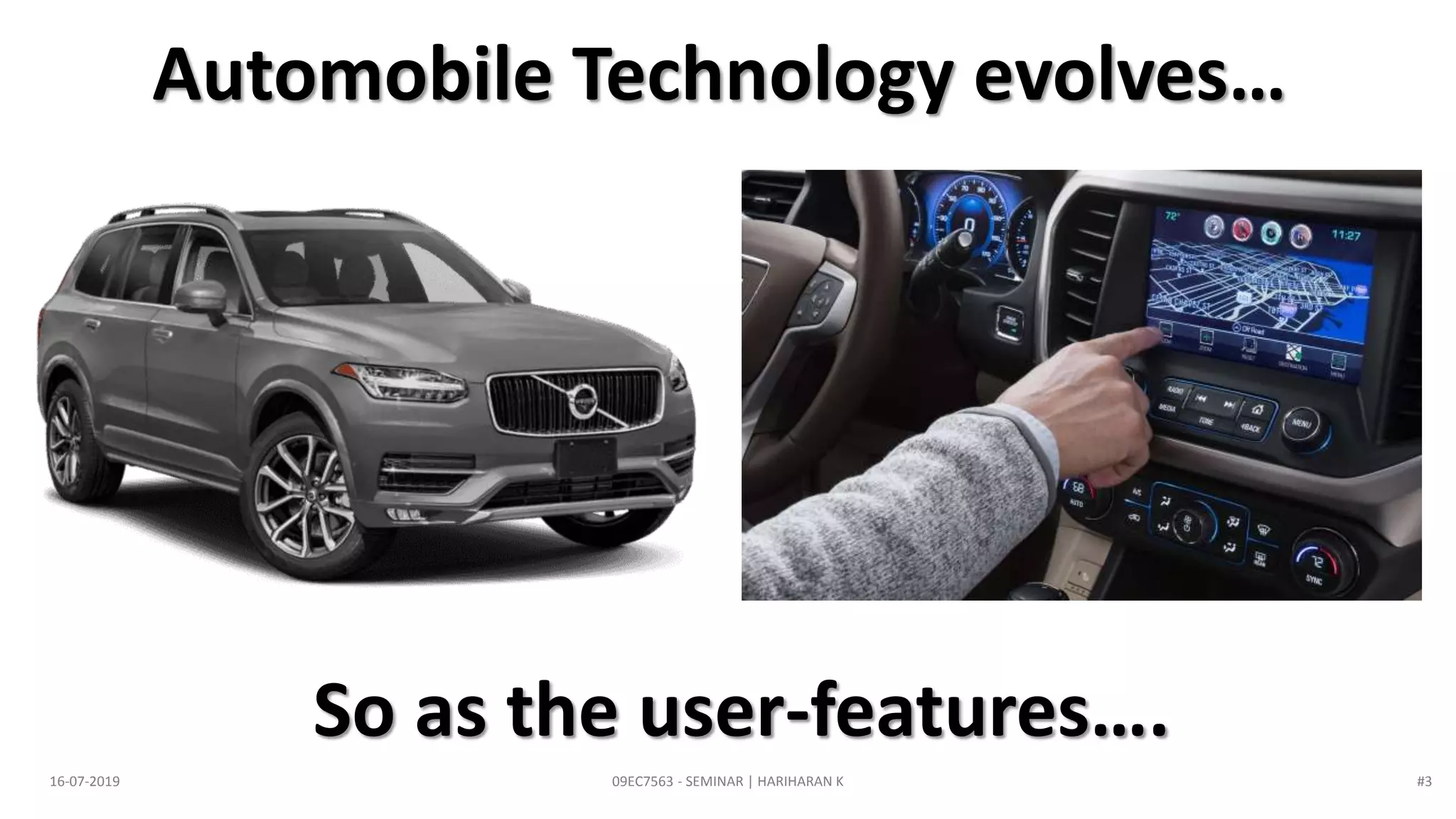 So as the user-features….
09EC7563 - SEMINAR | HARIHARAN K16-07-2019
Automobile Technology evolves…
#3
 