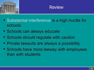 Review <ul><li>Substantial interference  is a high hurdle for schools  </li></ul><ul><li>Schools can always educate </li><...