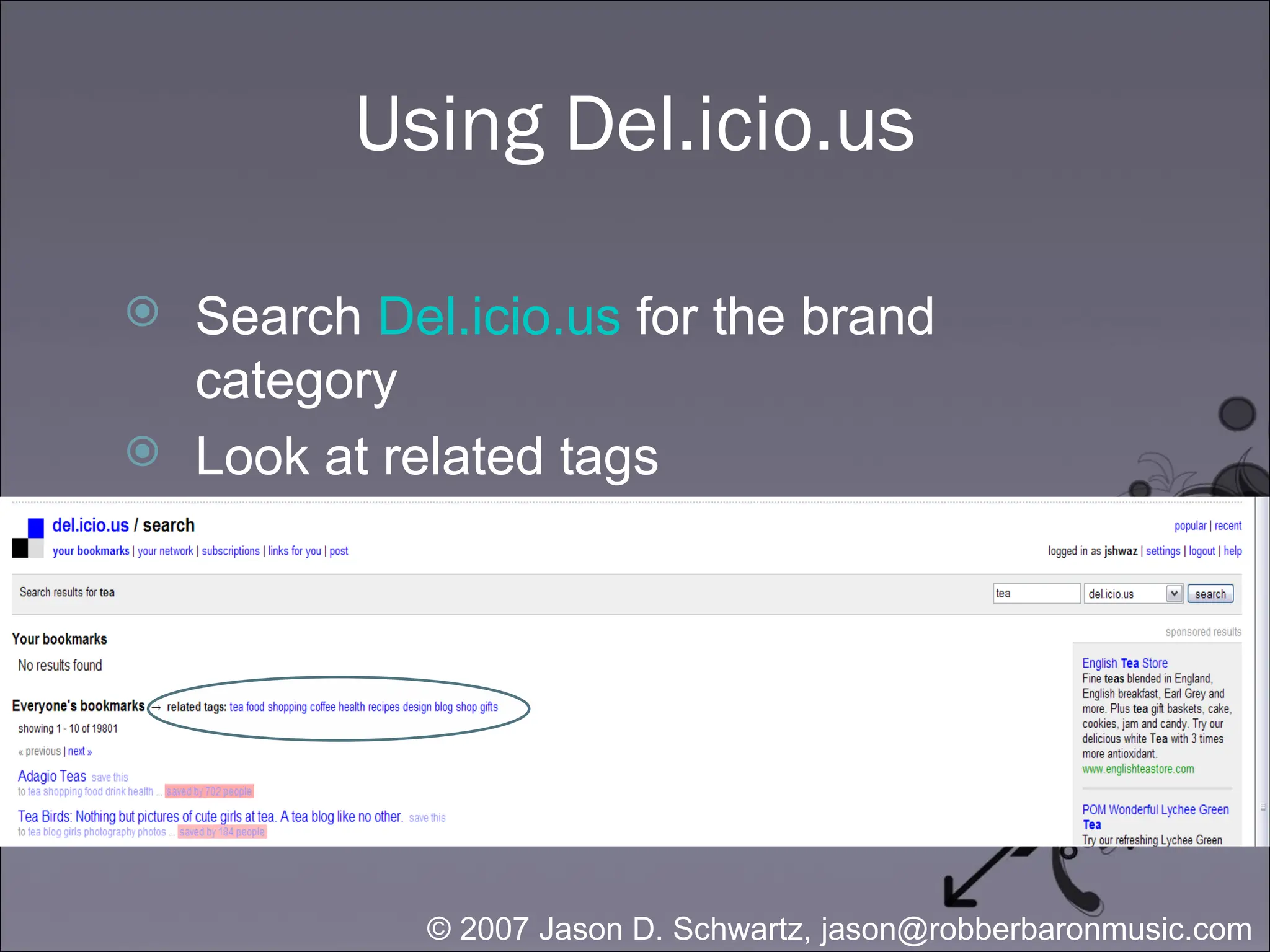 Using Del.icio.us Search  Del.icio.us  for the brand category Look at related tags 