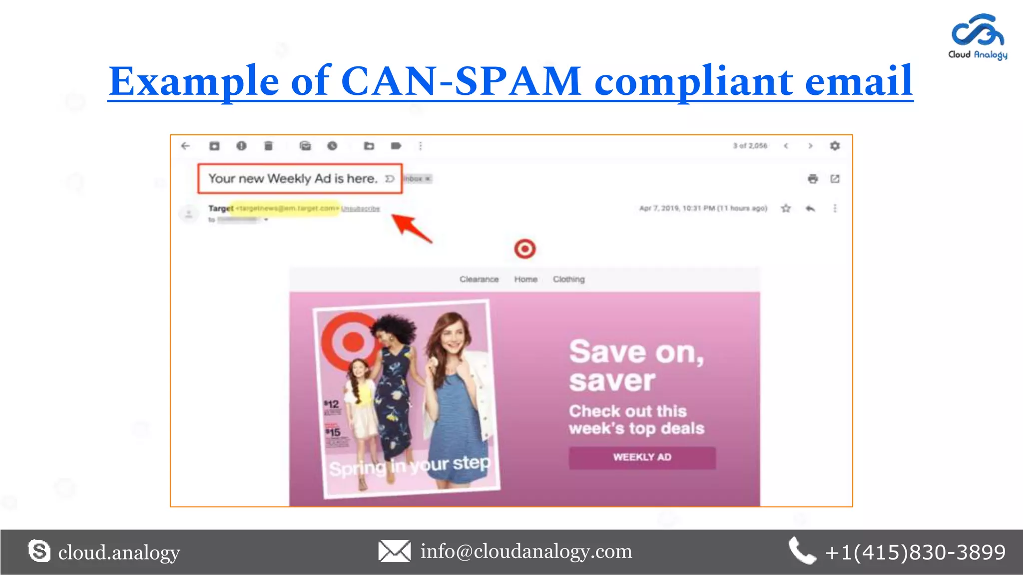 Example of CAN-SPAM compliant email
cloud.analogy info@cloudanalogy.com +1(415)830-3899
 