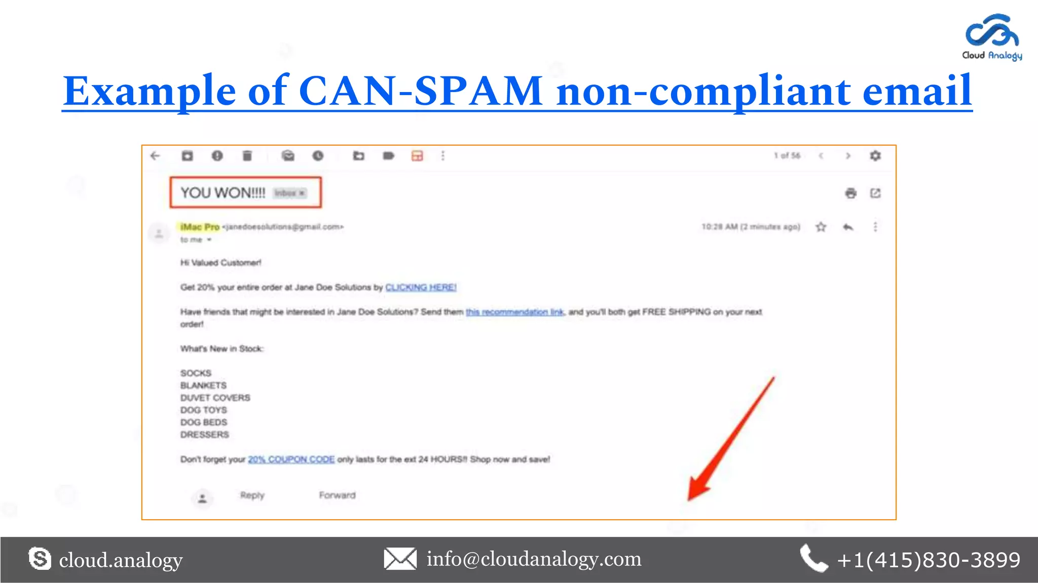Example of CAN-SPAM non-compliant email
cloud.analogy info@cloudanalogy.com +1(415)830-3899
 
