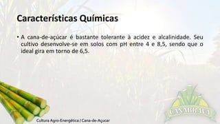 Características Químicas 
• A cana-de-açúcar é bastante tolerante à acidez e alcalinidade. Seu 
cultivo desenvolve-se em solos com pH entre 4 e 8,5, sendo que o 
ideal gira em torno de 6,5. 
 