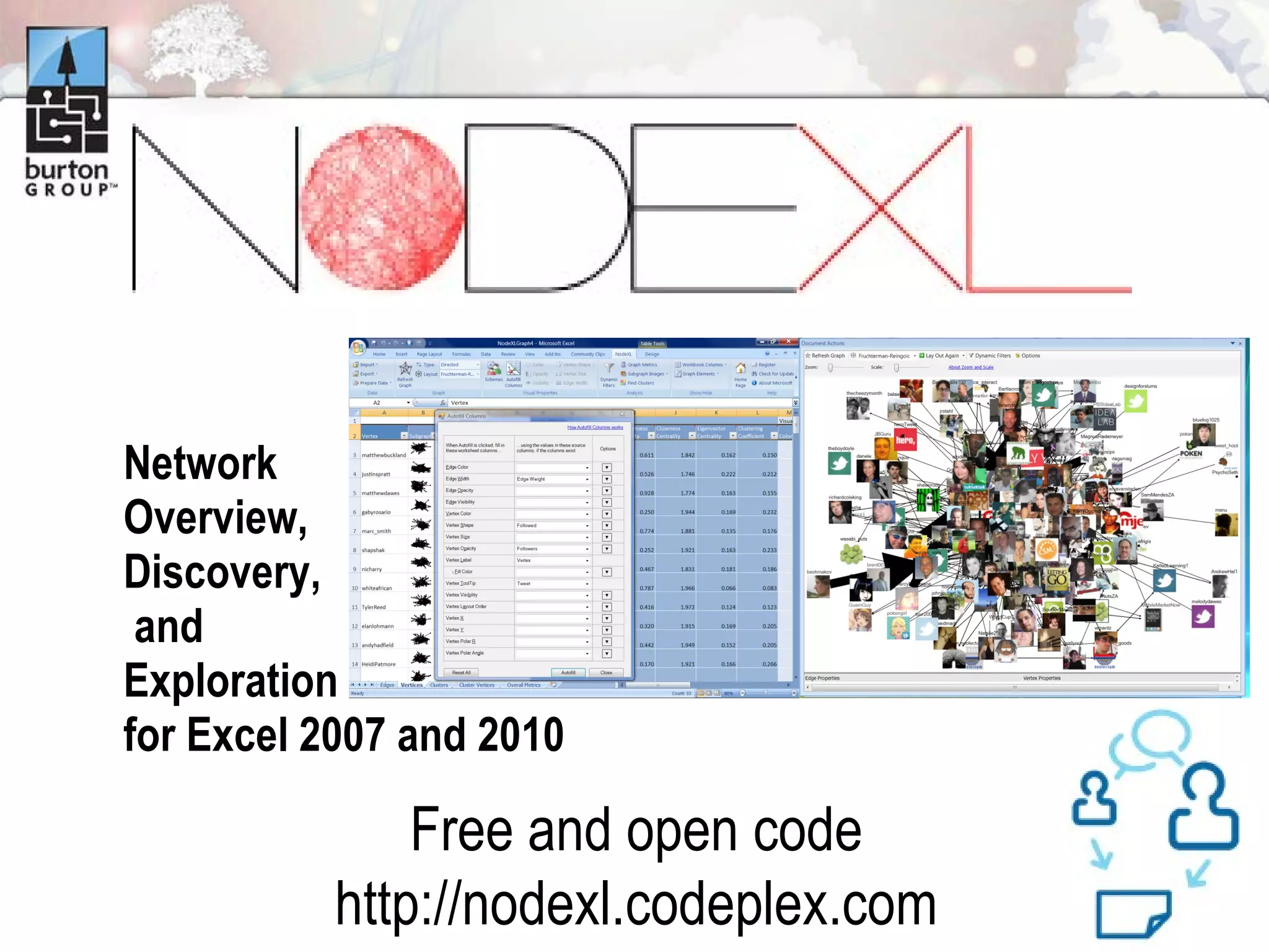 Network  Overview,  Discovery,   and  Exploration  for Excel 2007 and 2010 Free and open code http://nodexl.codeplex.com 