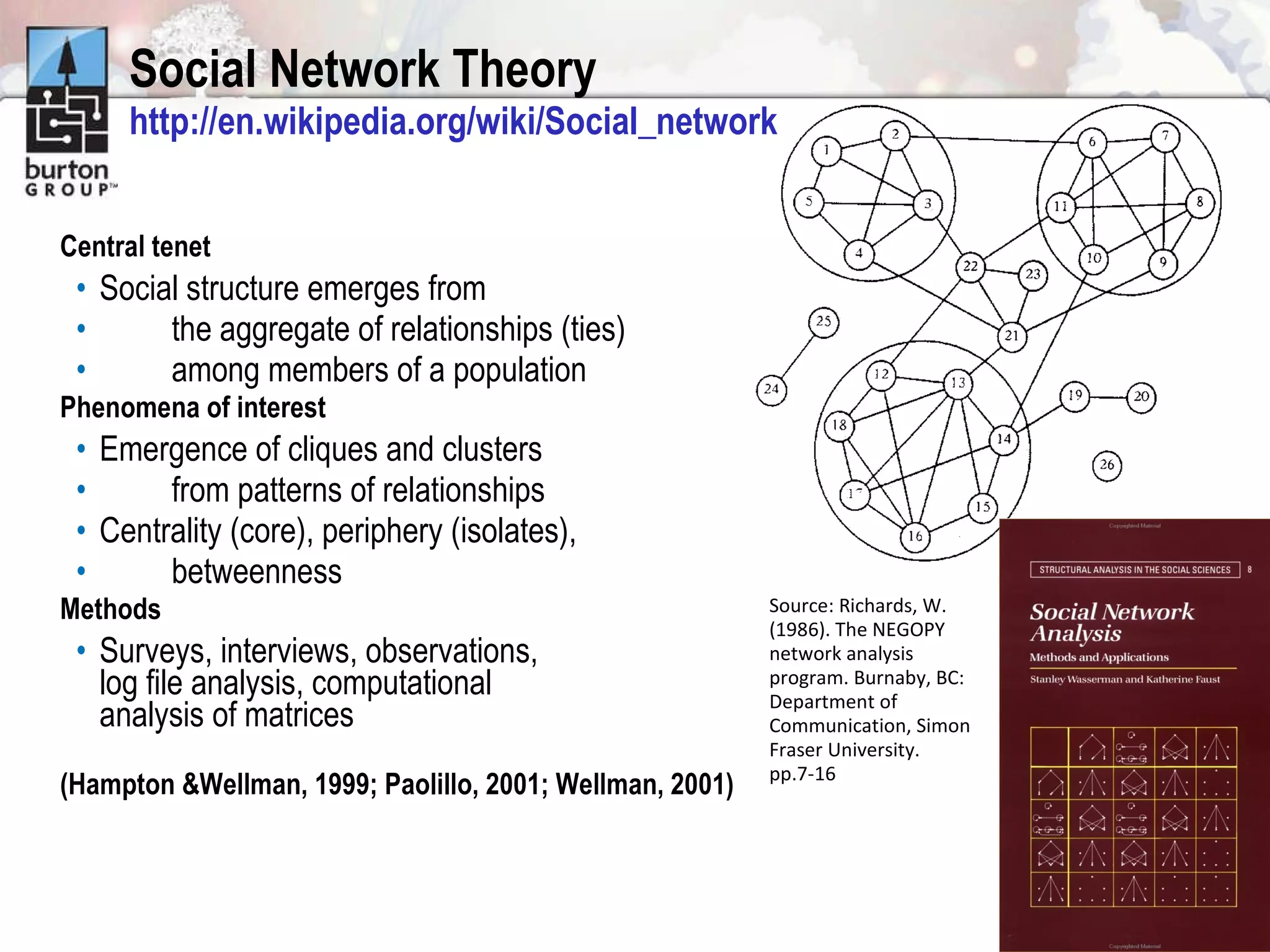 Central tenet  Social structure emerges from  the aggregate of relationships (ties)  among members of a population Phenomena of interest Emergence of cliques and clusters  from patterns of relationships Centrality (core), periphery (isolates),  betweenness Methods Surveys, interviews, observations,  log file analysis, computational  analysis of matrices (Hampton &Wellman, 1999; Paolillo, 2001; Wellman, 2001) Social Network Theory http://en.wikipedia.org/wiki/Social_network Source: Richards, W. (1986). The NEGOPY network analysis program. Burnaby, BC: Department of  Communication, Simon Fraser University. pp.7-16   